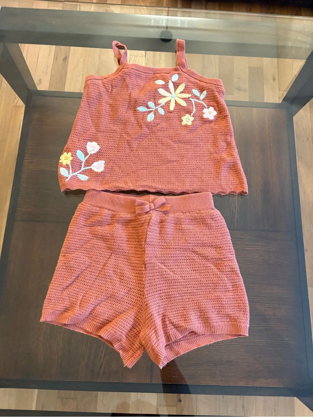 Modern Moments by Gerber Girls 5T 2pc Pink Knit Tank & Shorts Floral Embroidered